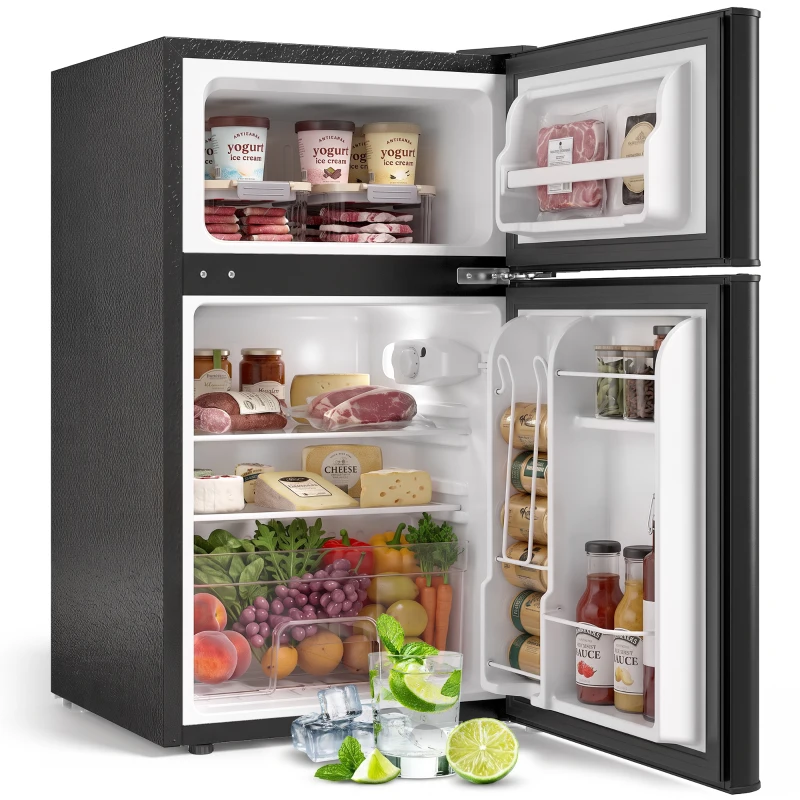 HOMCOM Mini Réfrigérateur Congélateur 90 L, Petit Frigo Compact Silencieux, 2 Portes Réversibles, Thermostat Réglable, Noir