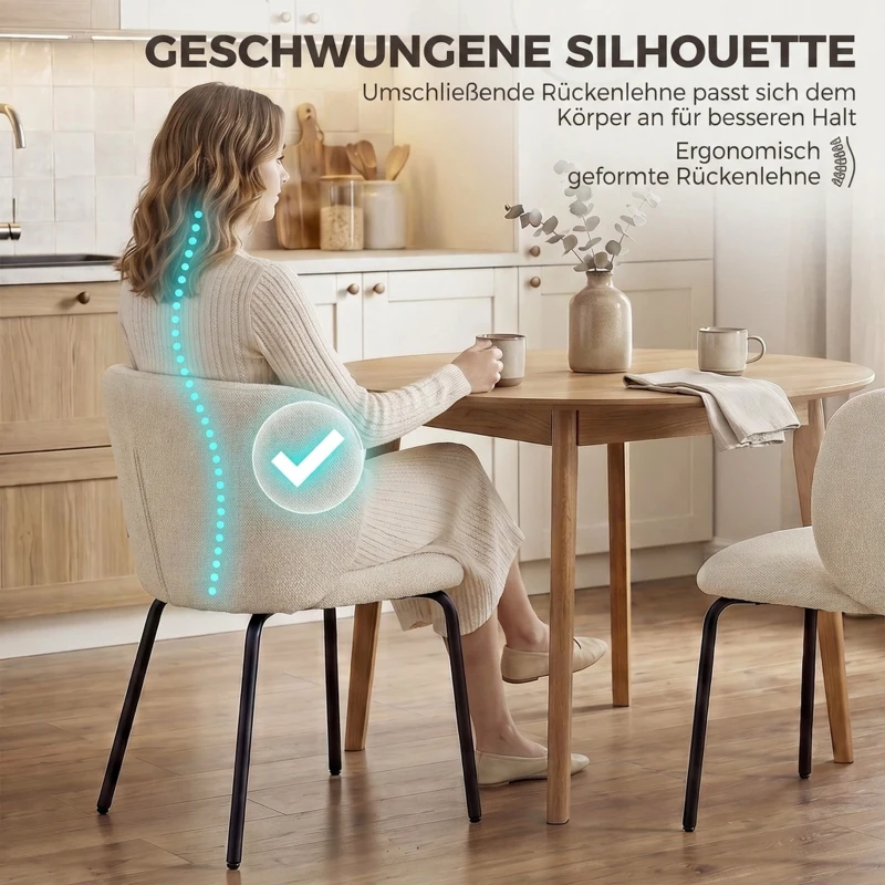 HOMCOM Esszimmerstühle ergonomische Armlehne gepolsterte Küchenstühle Metallbeine 2er Set Beige