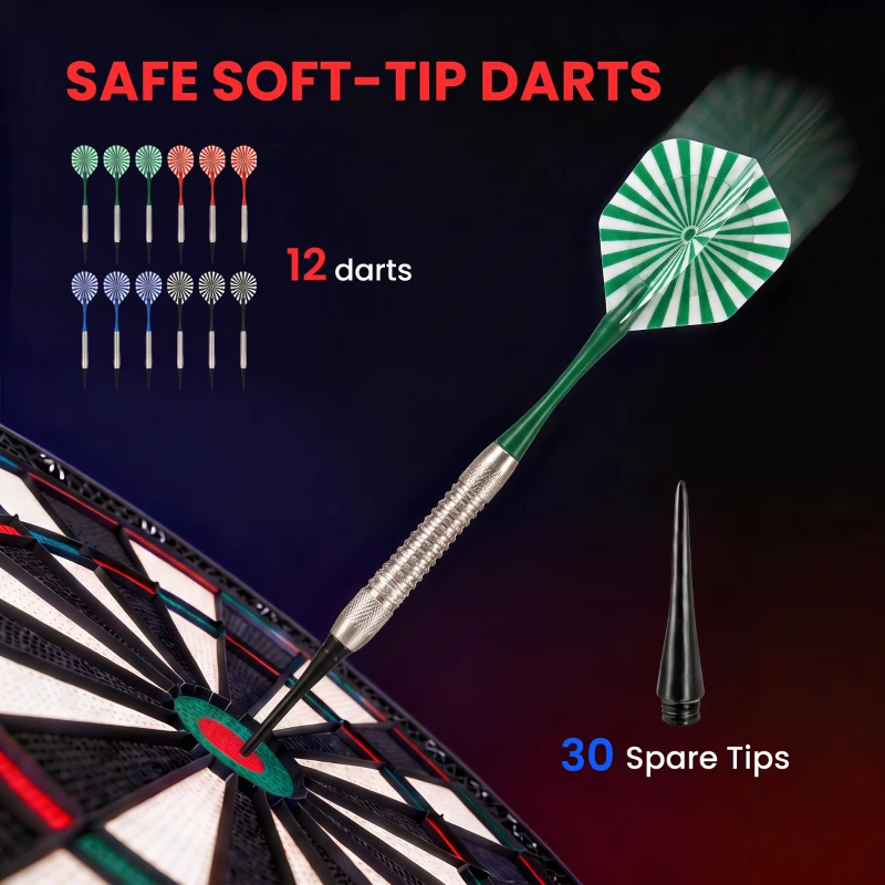 HOMCOM Electronic Hanging Dartboard LED Digital Score Set 27 Games and 202 Variations with 12 Soft Tip Darts