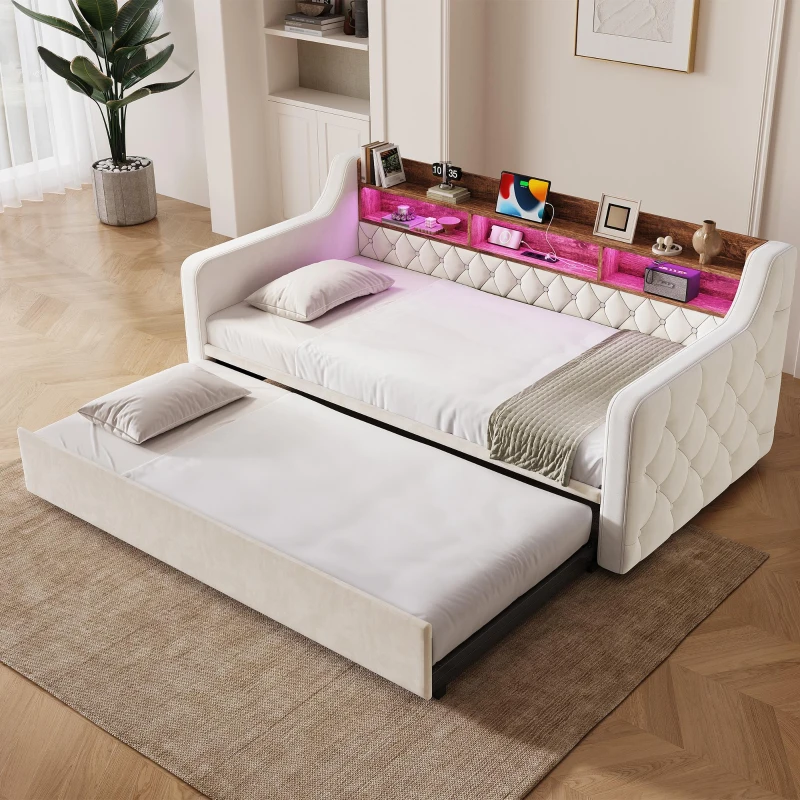 Samtsofa mit Armlehnen 90x190 cm, mit ausziehbarem Bett, Holz-Kopfteil-Stauraum, 201L x 107-197.5B x 80H cm, Beige