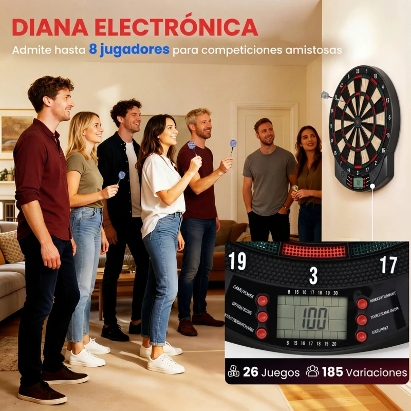 HOMCOM Diana Electrónica con 6 Dardos y 30 Puntas Pantalla LCD 26 Juegos y 185 Variaciones para 8 Jugadores