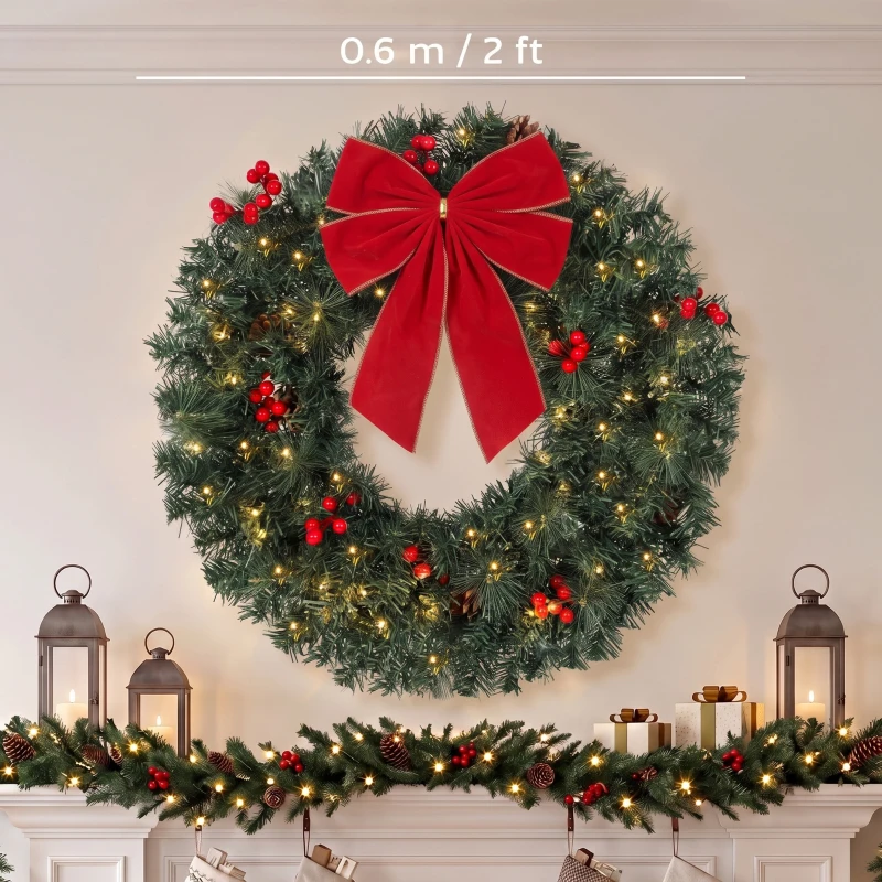 HOMCOM Coroniță de Crăciun de 60 cm cu Lumini LED, Conuri de Brad și Bobițe, Verde