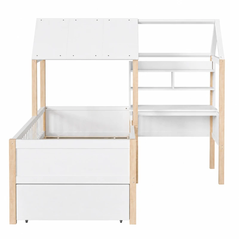 90 x 200 cm Klappbett, L-förmiger Schreibtisch und Bücherregal, Schublade mit Rädern, 205L x 178B x 126 cm, Weiß