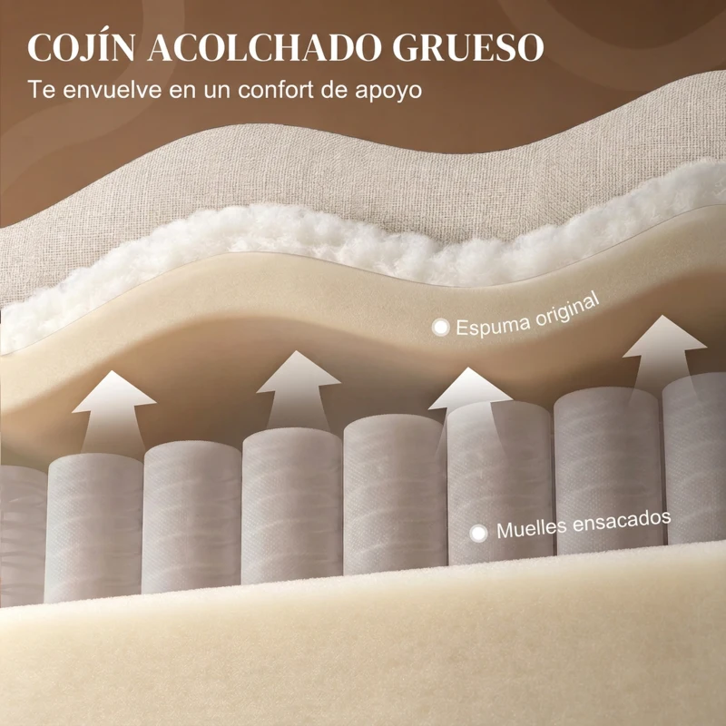 HOMCOM Sillón Relax Reclinable Manual hasta 155° de Tejido Efecto Lino Reposapiés Muelles Ensacados Acolchado Grueso Crema