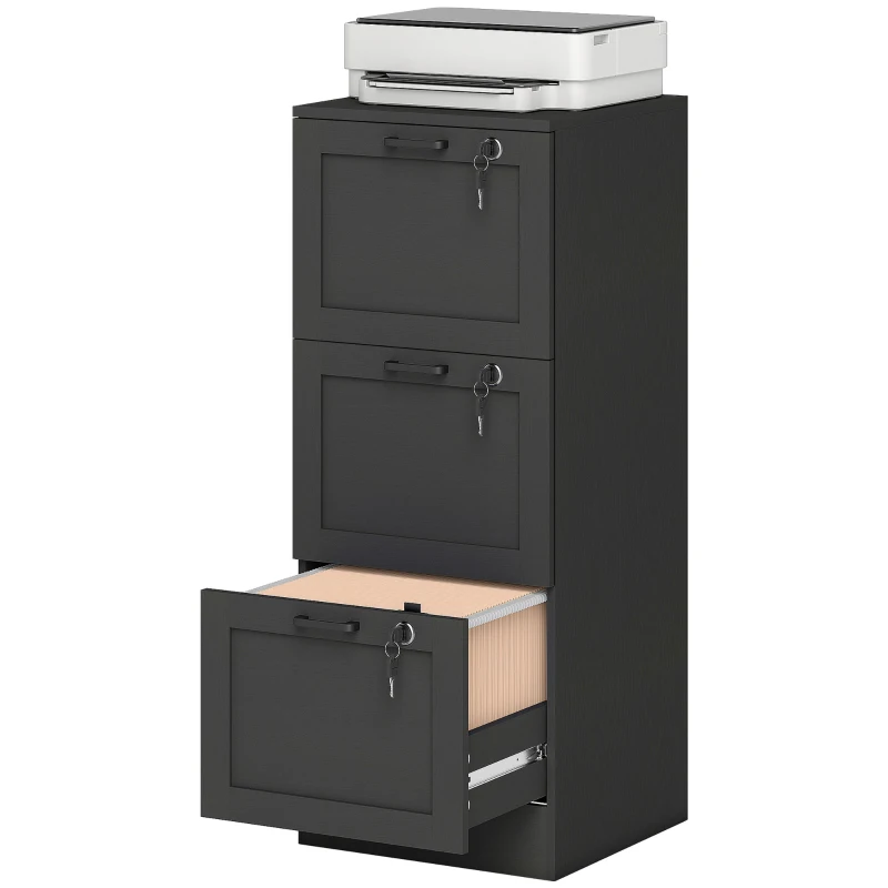 HOMCOM Cassettiera Portadocumenti a 3 Cassetti con Serrature e Spazio per Stampante, in Legno, 40x40x101 cm, Nero