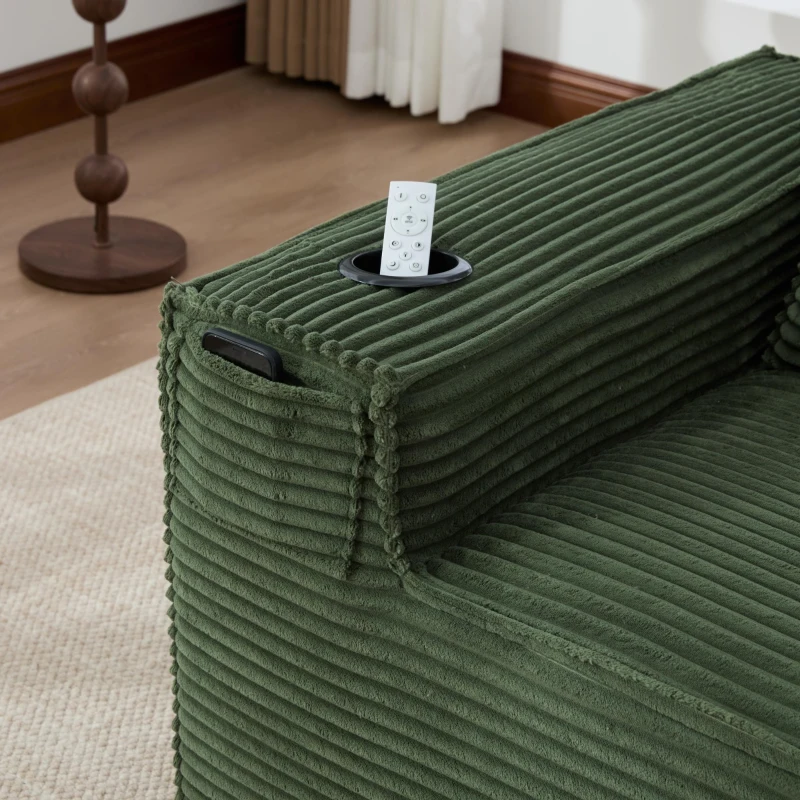 Modulares Doppelsitz-Cordsofa mit Becherhaltern und Seitentaschen, Federkern und hochdichtem Schaumstoff, 188L x 90B x 75H cm, Grün