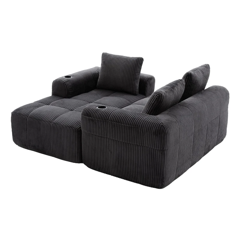 Cord-Kombinationssofa mit 3 Kissen, Seitentaschen und Getränkehaltern, 253L x 158B x 61H cm, Dunkelgrau