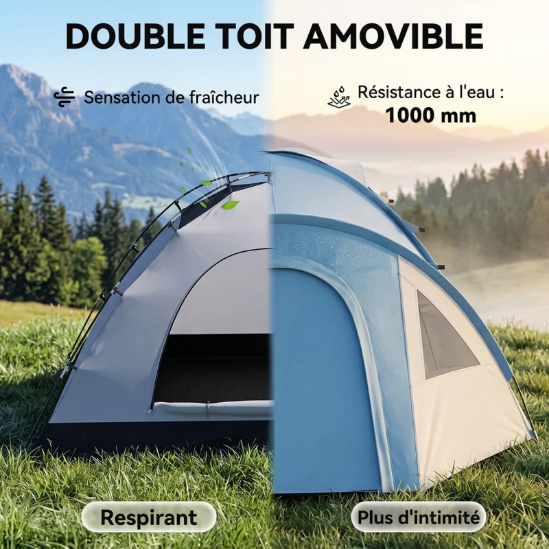 Outsunny Tente de camping familiale 3 personnes tente dôme étanche légère, ventilée facile à monter double porte et