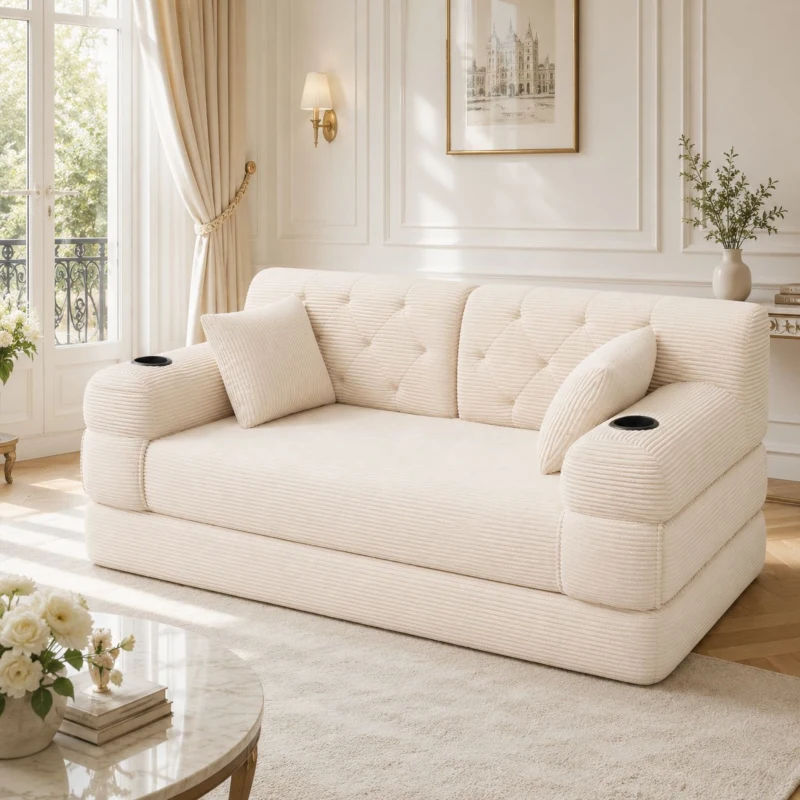 Doppeltes komprimiertes Cordsofa, Metallrahmen, 2 Becherhalter und 4 Seitentaschen, 168L x 80B x 81H cm, Beige
