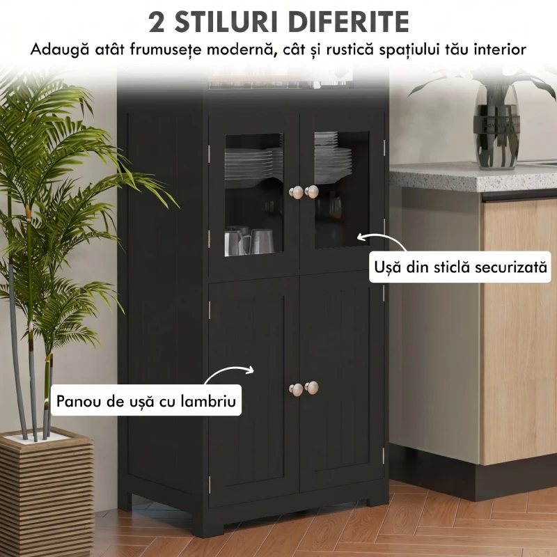 HOMCOM Dulap cămară cu 2 rafturi deschise și 2 dulapuri cu uși, din MDF și sticlă, 60x30x162 cm, negru