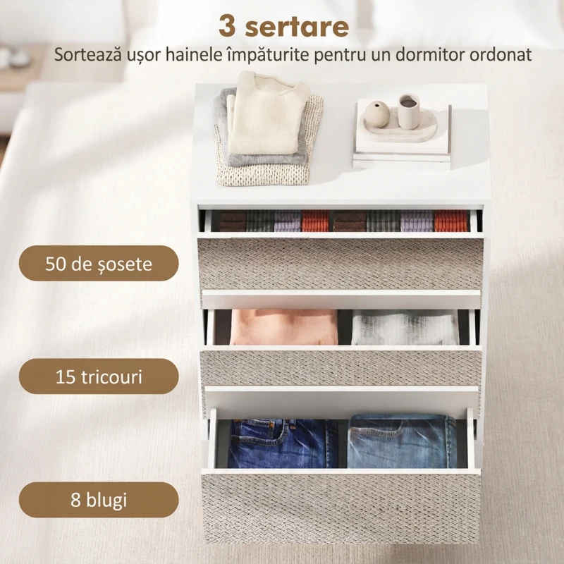 HOMCOM Comodă cu 3 Sertare și Fronturi Oglindă, Design Modern pentru Dormitor sau Hol, 60x35x80 cm, Albă