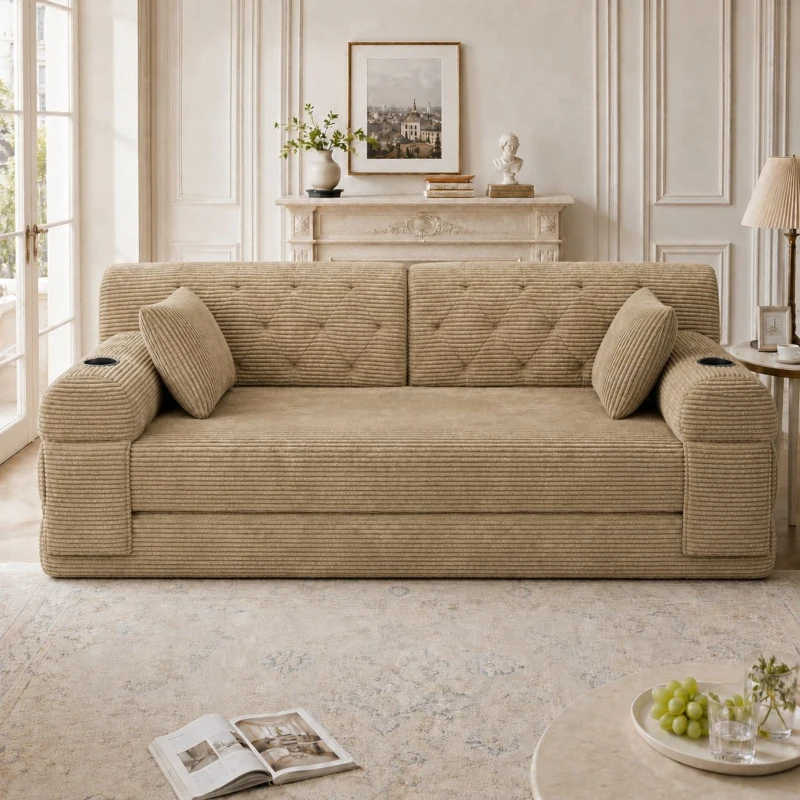 Doppeltes komprimiertes Cordsofa, Metallrahmen, 2 Becherhalter und 4 Seitentaschen, 168L x 80B x 81H cm, Khaki