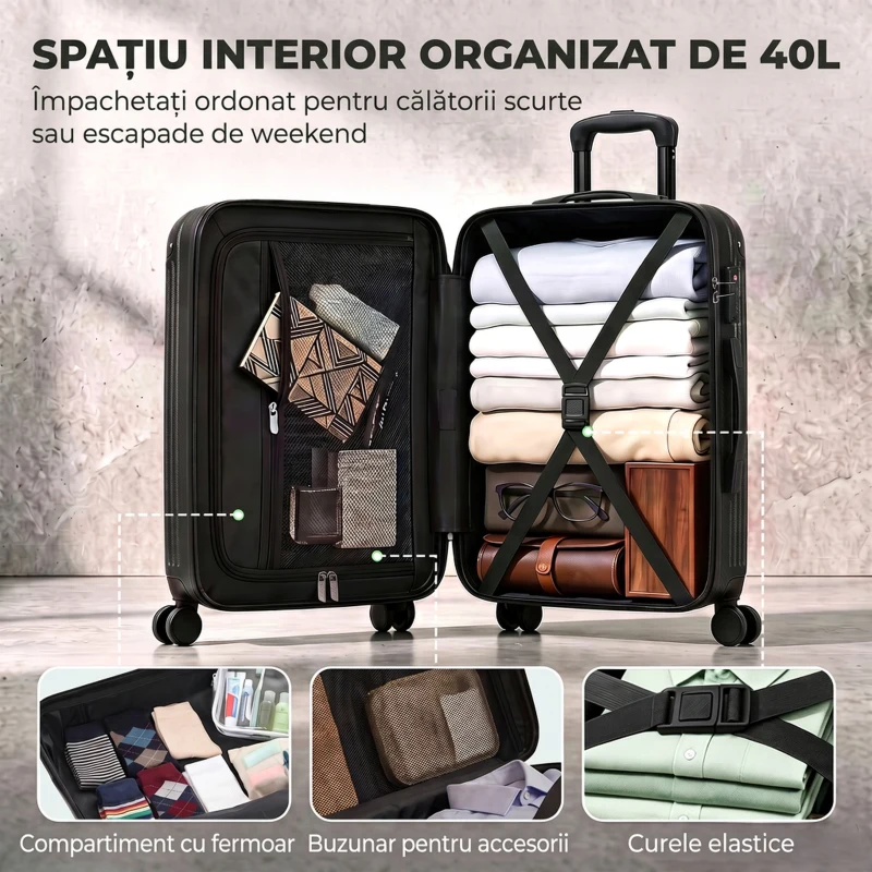 HOMCOM Valiză Cabină Rigidă 48L, Extensibilă, cu 4 Roți, Compartiment Laptop și Încuietoare TSA, 56x36x24 cm, Negru