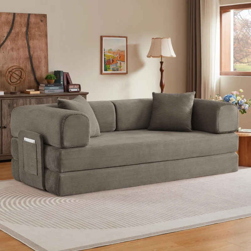 Knochenloses modulares Sofa, umbaubar in ein Bett, umfasst 2 Polster und einen Stahlrahmen, 204L x 97B x 65H cm,Taupe