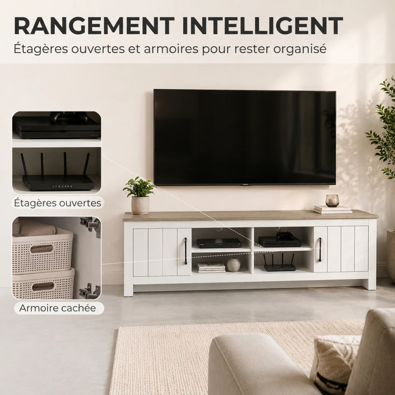 HOMCOM Meuble TV 175 cm, Meuble Télé pour Téléviseur jusqu'à 55 Pouces avec 2 Portes et 4 Compartiments Ouverts, Chêne et Blanc