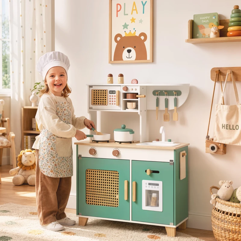 AIYAPLAY Cuisine Enfant en Bois 19 Accessoires, Cafetière, Machine à Glaçons, Micro-Ondes, Placard, 3-6 Ans, 61x27x79,7cm, Vert