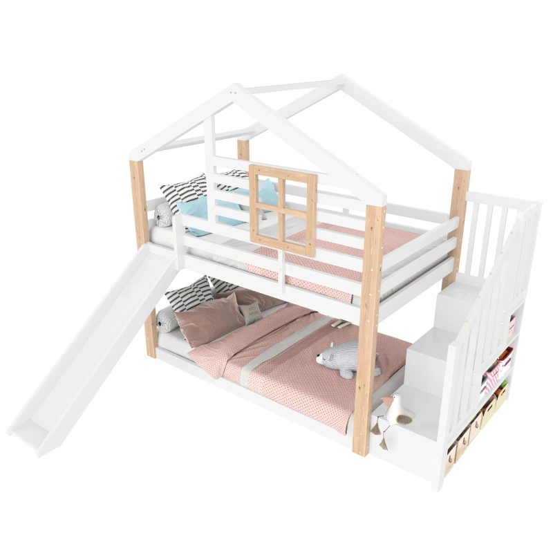 Kinderbett mit Rutsche und Treppe, ausgestattet mit Handläufen und Stauraum, 252L x 96B x 206H cm, Weiß