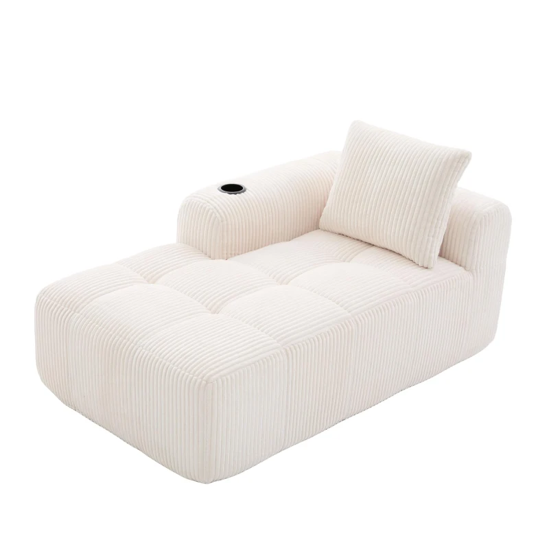 Bequemes Cordsofa mit Rückenlehne, seitlichen Aufbewahrungstaschen für Fernbedienung und Handy, eingebauter Getränkehalter, 158X93X61 cm, Beige