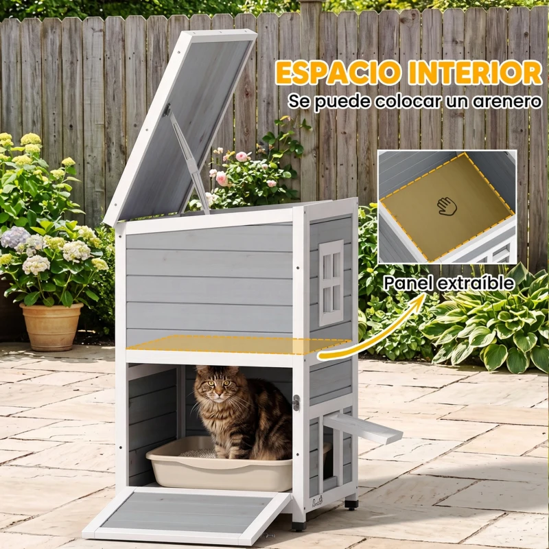 PawHut Caseta para Gatos de Madera Exterior de 2 Niveles con Techo Abatible Plataformas de Salto Puertas 51x51x81,3 cm Gris
