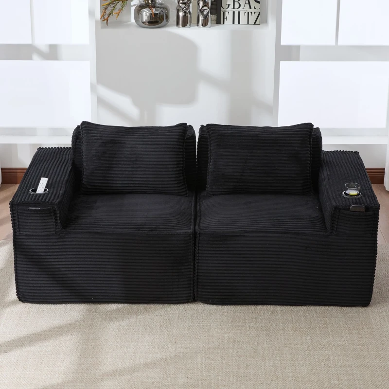 Modulares Doppelsitz-Cordsofa mit Becherhaltern und Seitentaschen, Federkern und hochdichtem Schaumstoff, 188L x 90B x 75H cm, Schwarz
