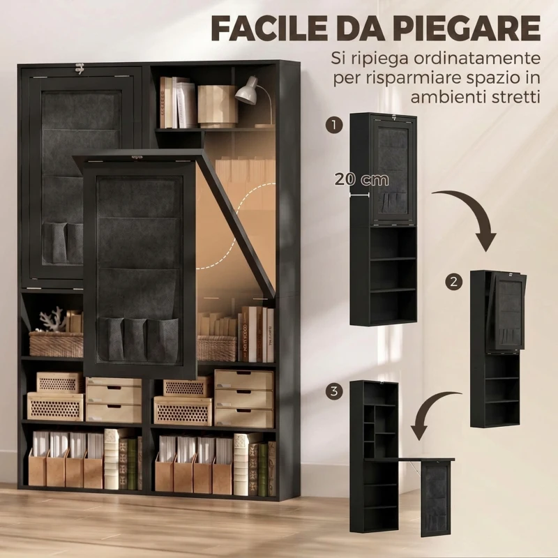 HOMCOM Scrivania per Computer Pieghevole con Ripiani Contenitori e Borsa Laterale, da Parete, Nera