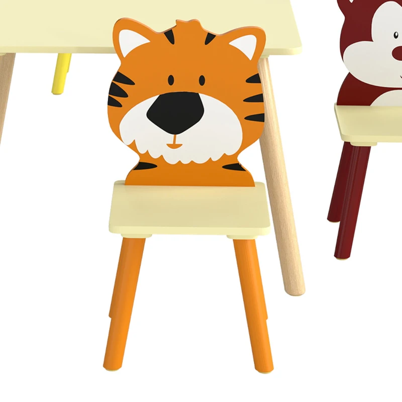 AIYAPLAY Ensembl Table pour Enfant avec 4 Chaises 5 Pièces en Bois, Dossier en Forme Animale, Coins Arrondis, 3-8 Ans, Jaune