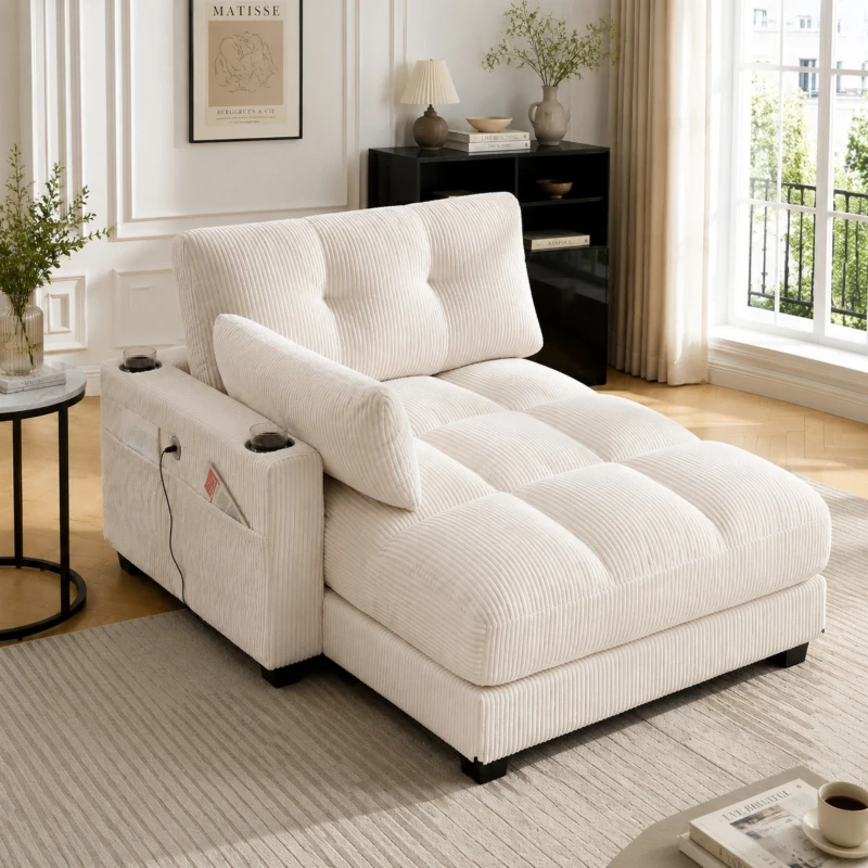 Palm-Sessel mit austauschbaren linken und rechten Armlehnen, drei Becherhaltern und einer Seitentasche, USB-Anschlüssen an den Seitenlehnen, 140L x 112B x 81H, Beige