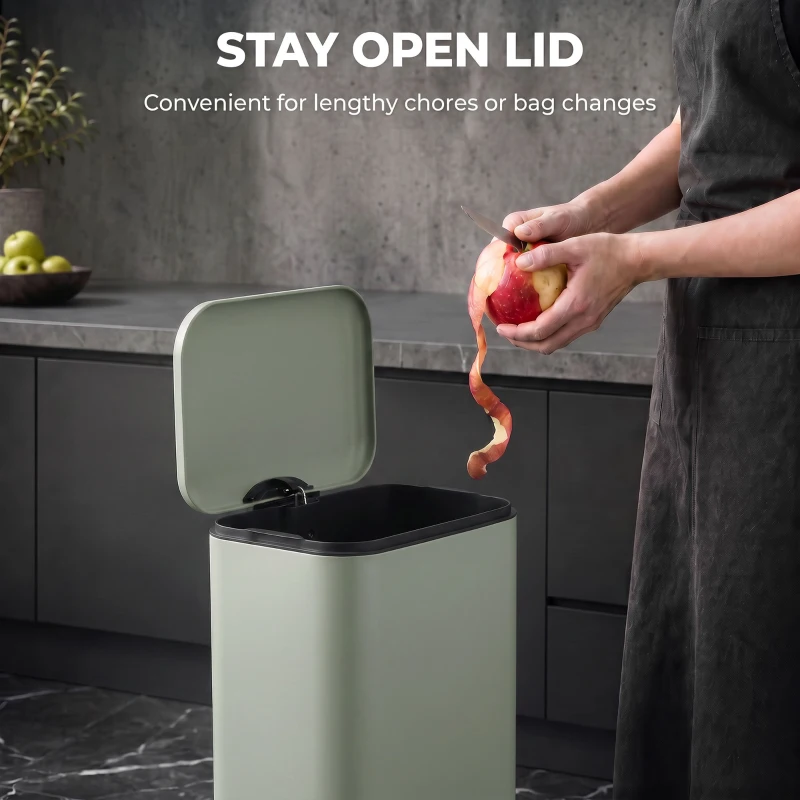 HOMCOM 20 L Kitchen Pedal Bin, Metal Rubbish Bin with Removable Inner Bucket, Soft-Close & Stay-Open Lid, Light Green
