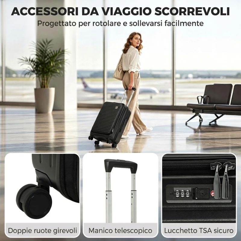 HOMCOM Valigia Rigida Piccola 48L Espandibile con 4 Ruote e Scomparto per Laptop, 56x36x24 cm, Nero
