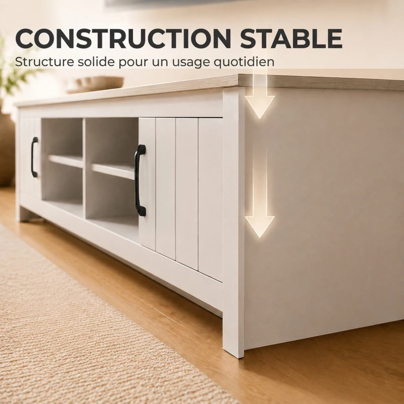 HOMCOM Meuble TV 175 cm, Meuble Télé pour Téléviseur jusqu'à 55 Pouces avec 2 Portes et 4 Compartiments Ouverts, Chêne et Blanc