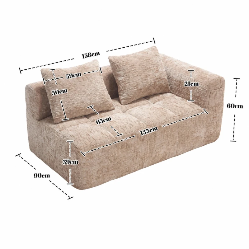 Bequemes Doppelsofa mit Kissen, Seitentaschen für Fernbedienung und Handy, 158X90X60 cm, Khaki