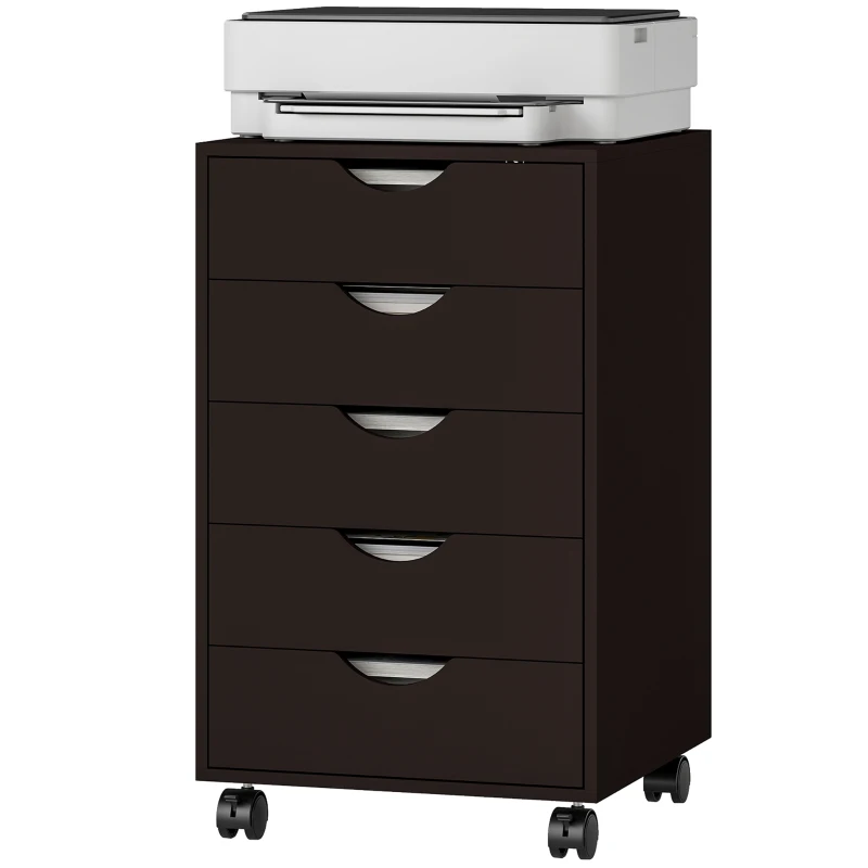 HOMCOM Meuble de bureau sur roulettes 5 tiroirs - Meuble de rangement mobile pour bureau salon 40x40x67 cm Marron