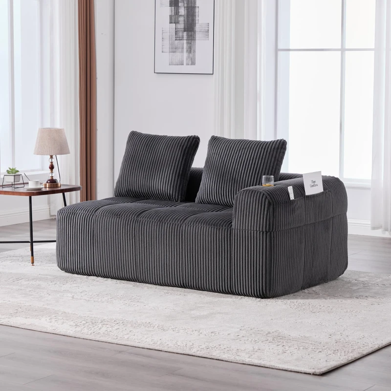 Bequemes Cordsofa mit zwei Sitzern, seitliche Aufbewahrungstasche für Fernbedienung und Handy, eingebauter Getränkehalter, 158X93X61 cm, Dunkelgrau