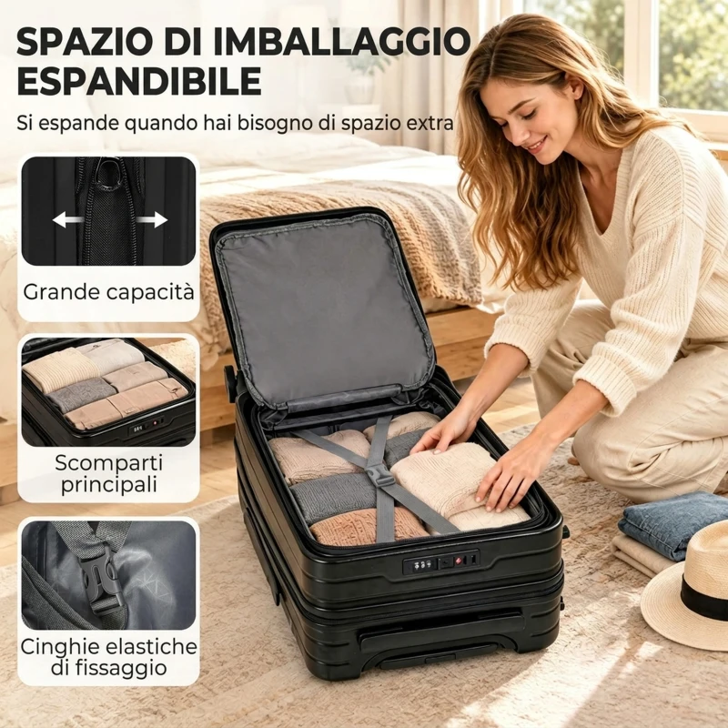 HOMCOM Valigia Rigida Piccola 48L Espandibile con 4 Ruote e Scomparto per Laptop, 56x36x24 cm, Nero