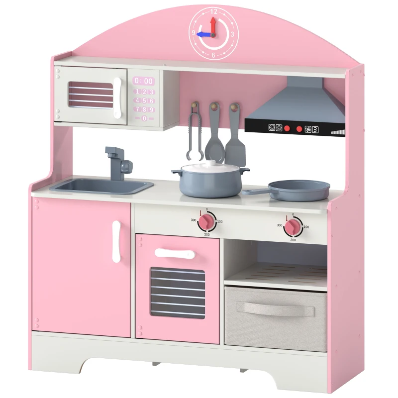 AIYAPLAY Cuisine Enfant avec Lumières et Sons, Cuisine de Jeu avec Tiroir en Tissu et 5 Accessoires, pour Enfants 3-6 Ans, Rose
