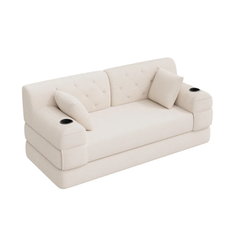 Doppeltes komprimiertes Cordsofa, Metallrahmen, 2 Becherhalter und 4 Seitentaschen, 168L x 80B x 81H cm, Beige