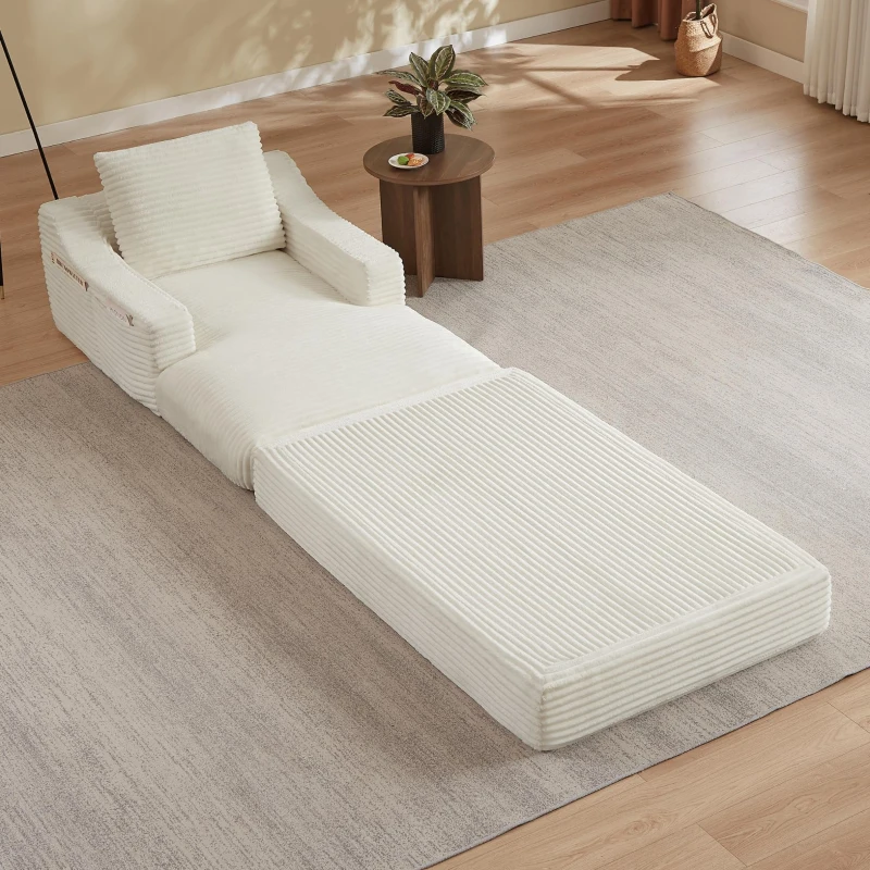 Knochenloses Cord-Freizeitsofa, doppellagiges Design, kann in ein Bett gefaltet werden, 100L x 160B x 64H cm,Weiß