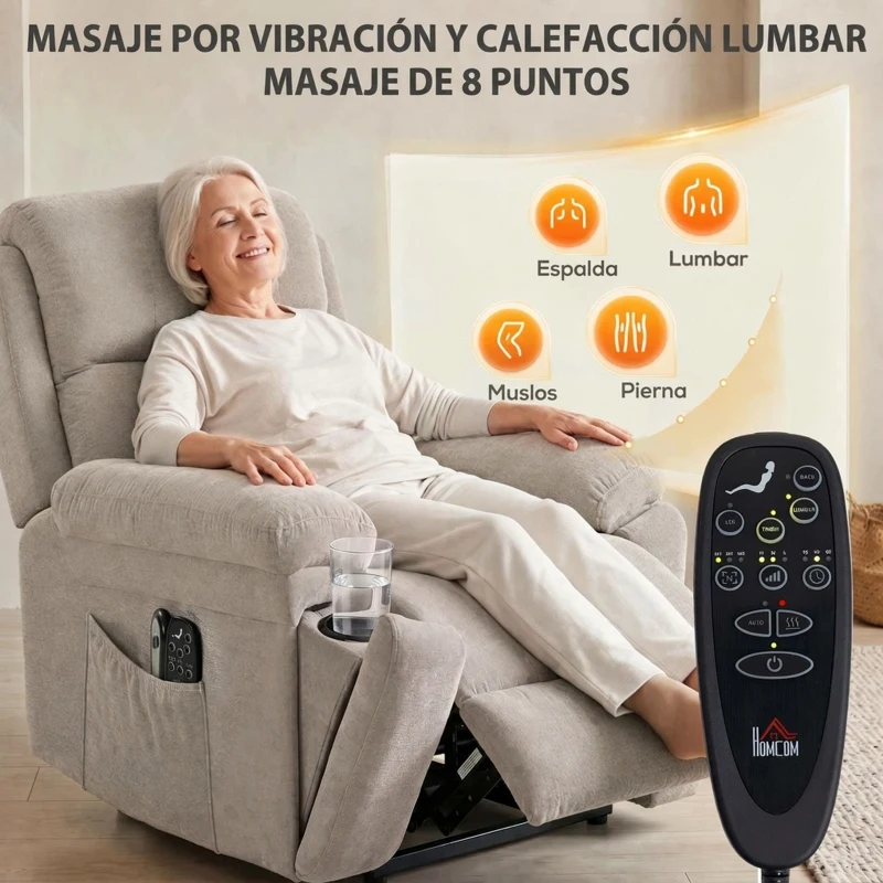 HOMCOM Sillón Relax Reclinable Eléctrico Levanta Personas Masaje Vibratorio y Calor Asiento Muelles Mando Portavasos Bolsillos