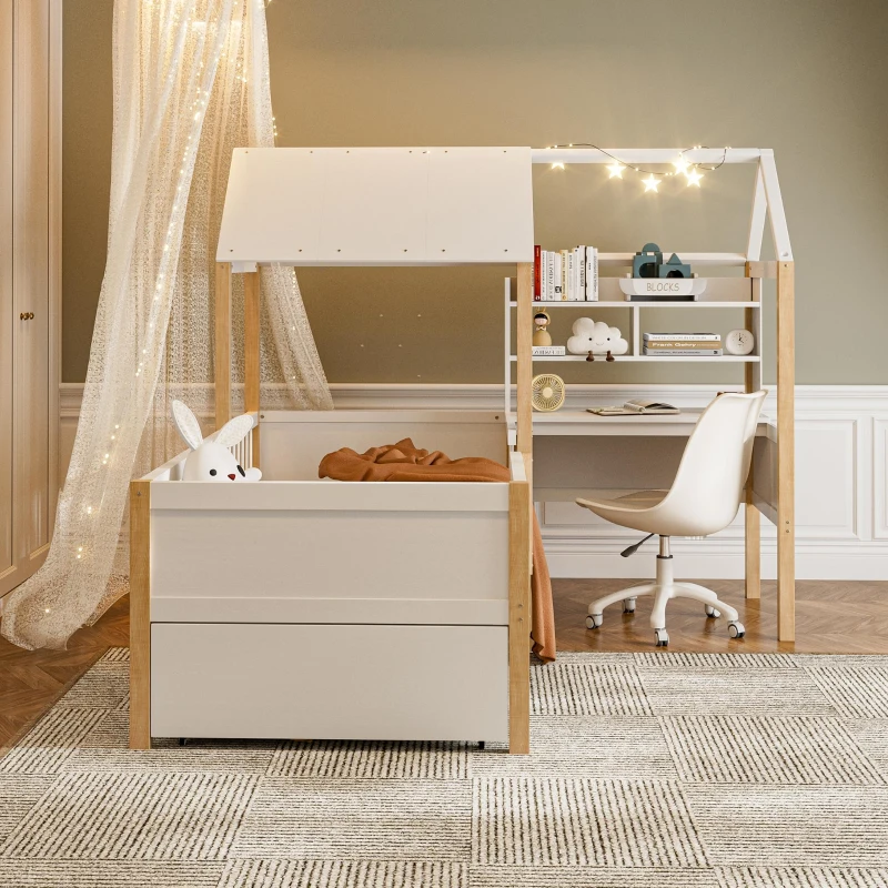 90 x 200 cm Klappbett, L-förmiger Schreibtisch und Bücherregal, Schublade mit Rädern, 205L x 178B x 126 cm, Weiß