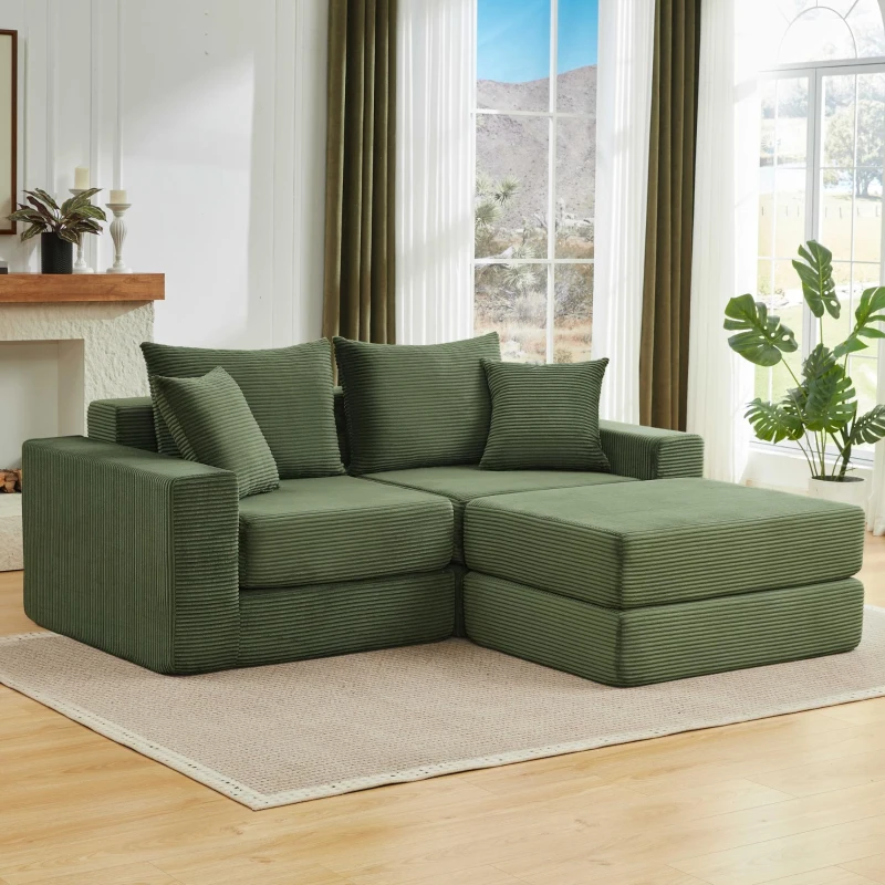 Knochenlose Sofabestuhlung mit rutschfester Basis, mit breiten Armlehnen, bequemen Rückenlehnen und einem hochelastischen Polster, Maße 259,5 L x 96 B x 64,5 H cm, Grün