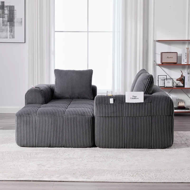 Cord-Kombinationssofa mit 3 Kissen, Seitentaschen und Getränkehaltern, 253L x 158B x 61H cm, Dunkelgrau