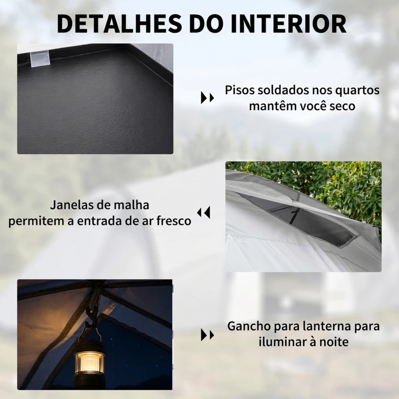 Outsunny Tenda de Campismo Familiar para 4-6 Pessoas Tenda Dobrável com 2 Janelas Impermeável Anti-UV 590x245x193 cm Cinza