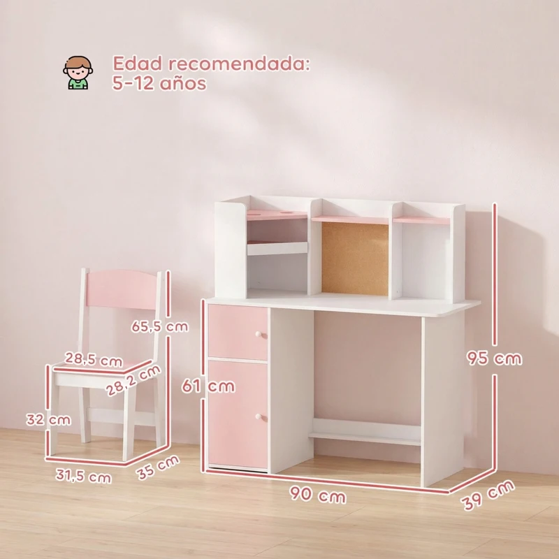 AIYAPLAY Escritorio Infantil con Silla Soporte Ajustable para Tablet Portalápices Tablero de Corcho Estantes Armarios Rosa