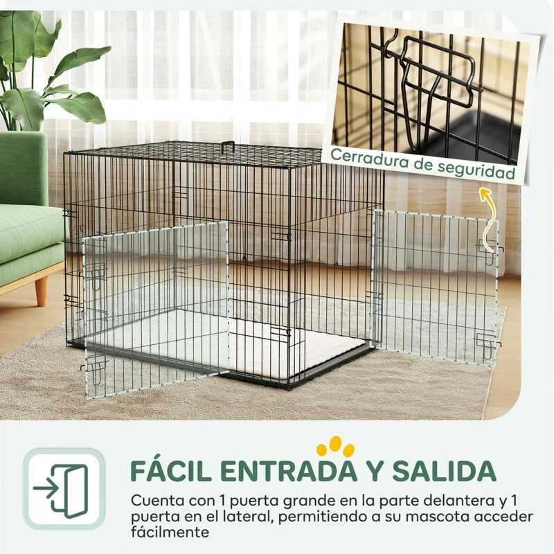 PawHut Jaula para Perros Plegable con Cojín Puertas Bandeja Extraíble y Marco de Alambre Metálico 90x57,5x62 cm Negro y Beige