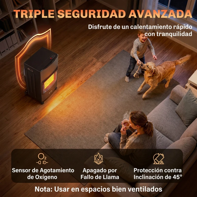 Outsunny Calefactor de Gas Plegable con 3 Niveles de Calor Sensor ODS Ruedas Encendido Piezoeléctrico 46x42x75 cm Negro