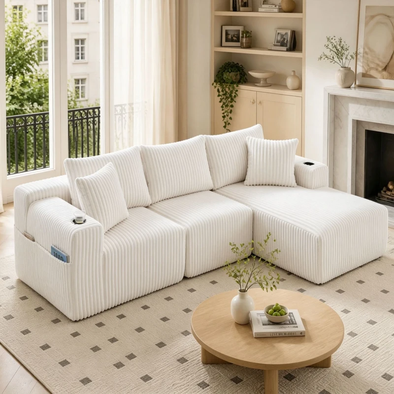 Modulares Sofaset mit Liegestühlen und Doppelbetten, 5 Kissen und 2 Getränkehaltern， 257×160×62 cm, Beige