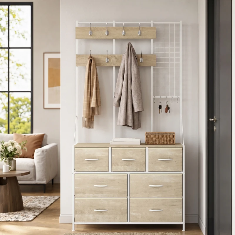 HOMCOM Cuier 4-în-1, Mobilier de Intrare cu 7 Sertare Pliabile din Material Textil, 14 Cârlige și Panou Grilaj, Stejar