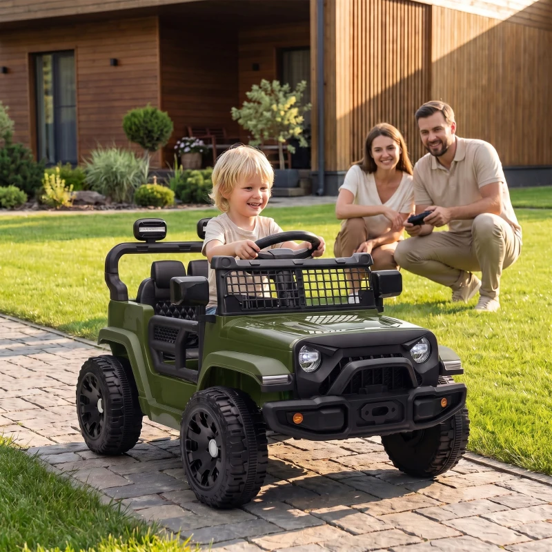 AIYAPLAY 12V Electric Car for Kids with Remote, Dual Motors, Rear Suspension, Soft Start, Music, Lights for 3-8 Years, Dark Green