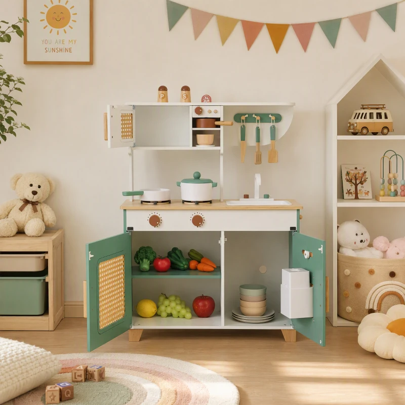 AIYAPLAY Cuisine Enfant en Bois 19 Accessoires, Cafetière, Machine à Glaçons, Micro-Ondes, Placard, 3-6 Ans, 61x27x79,7cm, Vert
