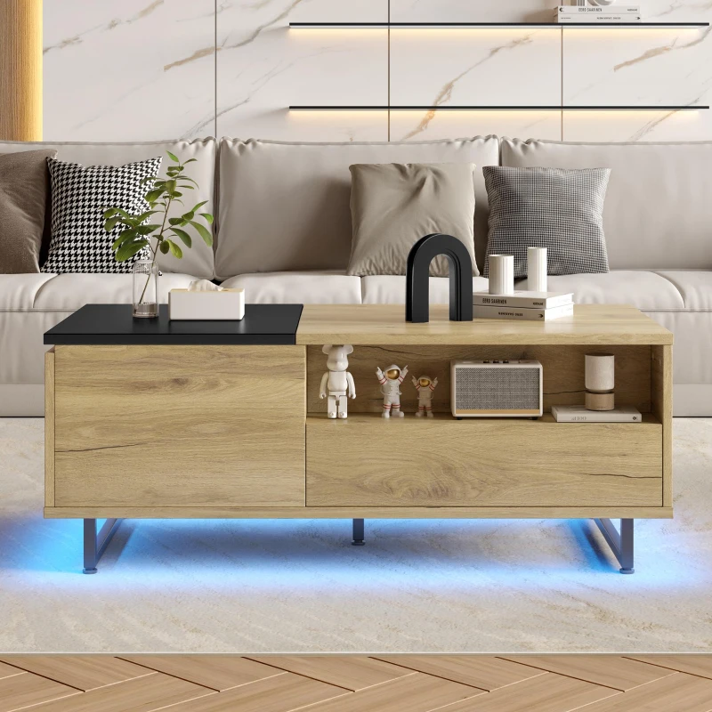 Schrank mit LED-Stehleuchte und ausreichend Stauraum, verstellbare Höhe mit Schublade und Fach, 103,5 x 50 B x 27,5 H cm, Natur